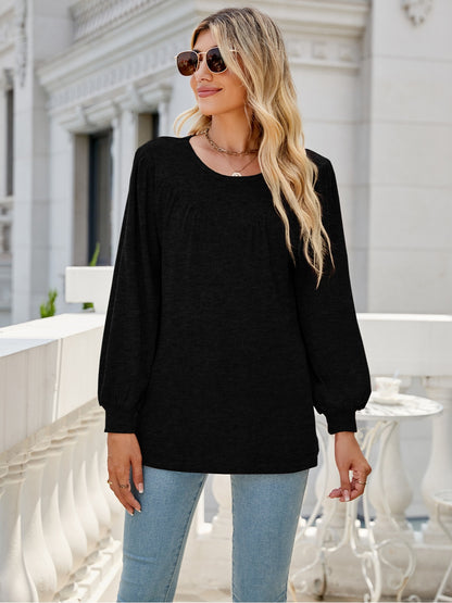 Heathered Round Neck Lantern Sleeve Blouse