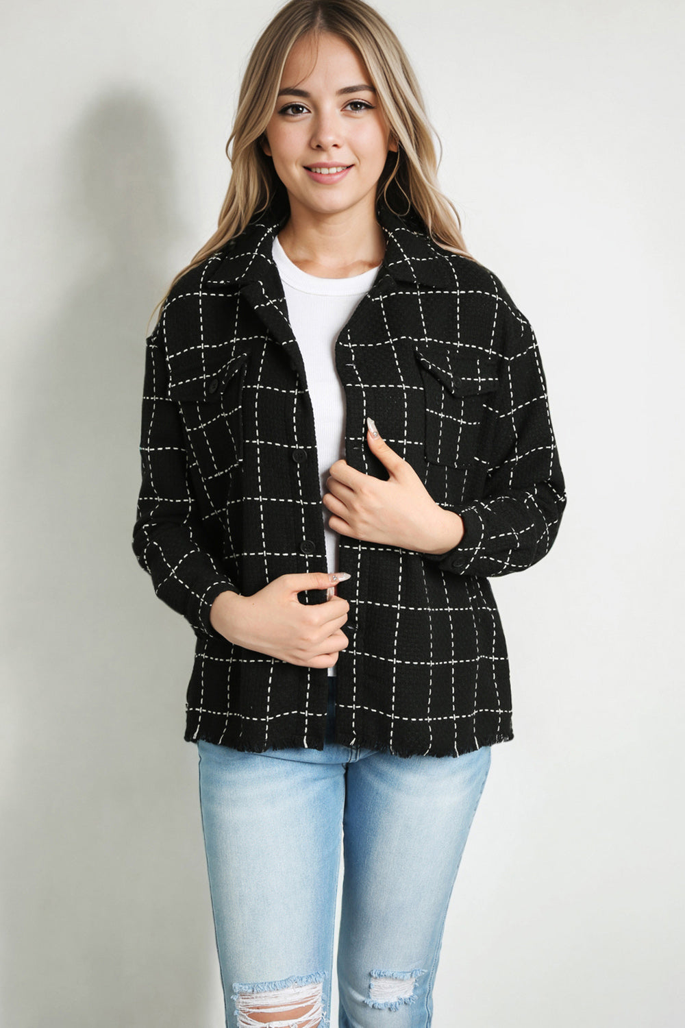 Plaid Raw Hem Jacket with Pockets 