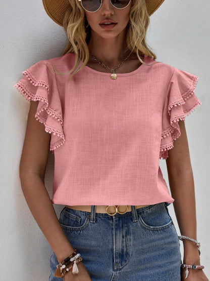 Ruffled Cap Sleeve Round Neck Blouse 