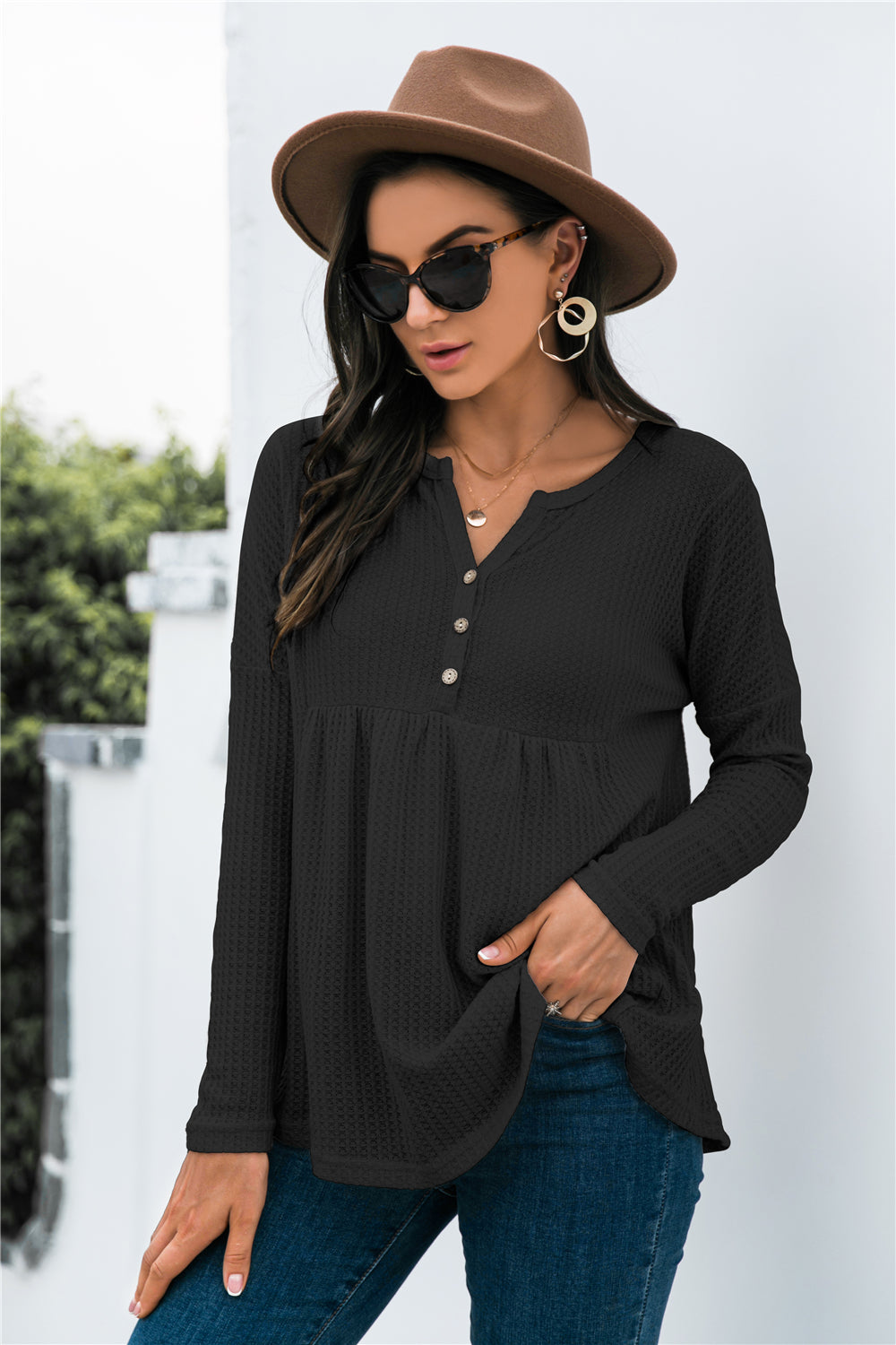 Button Front Waffle Knit Babydoll Top 