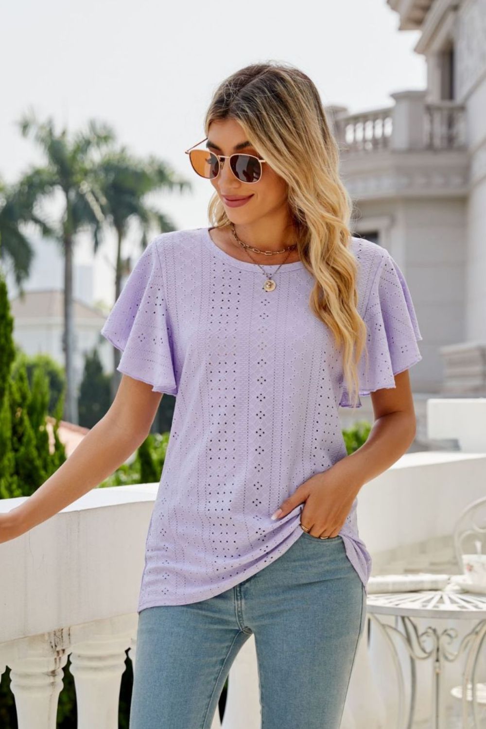 Eyelet Flutter Sleeve Round Neck Top 