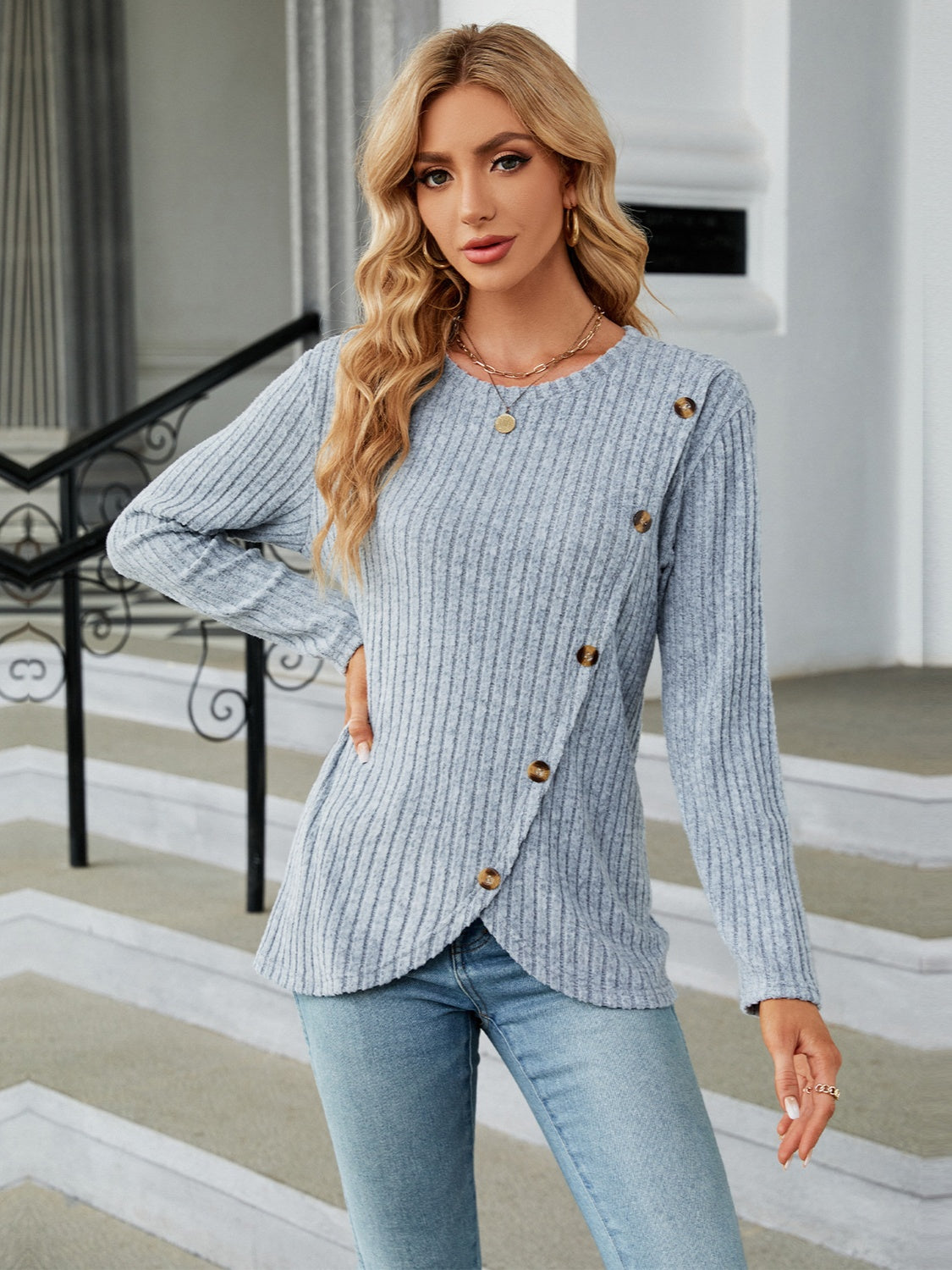 Round Neck Long Sleeve Blouse 