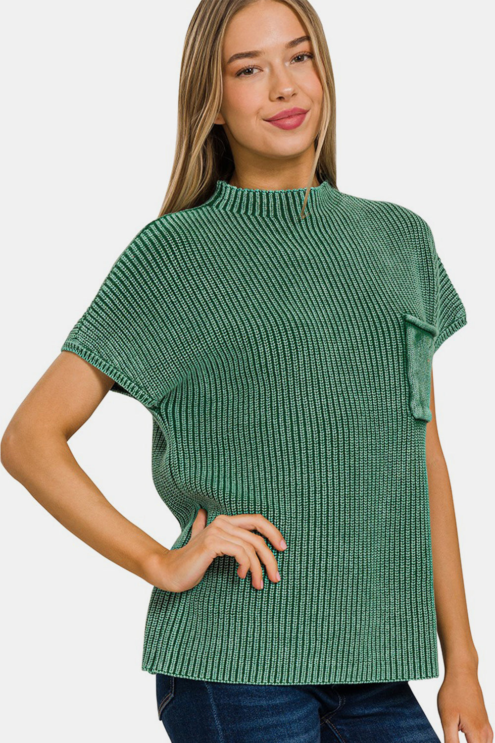 Zenana Washed Mock Neck Short Sleeve Sweater 