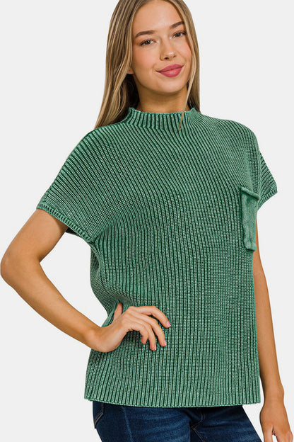 Zenana Washed Mock Neck Short Sleeve Sweater 