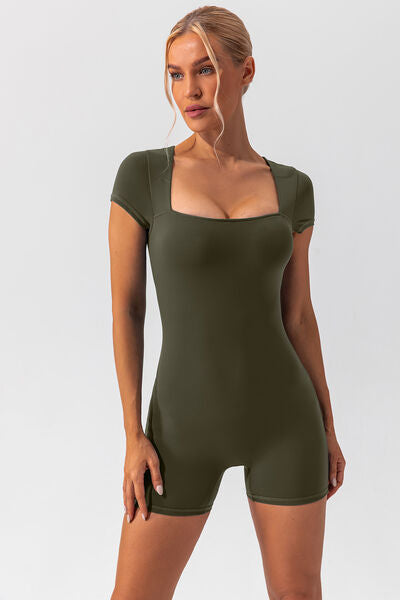 Square Neck Cap Sleeve Active Romper - Babbazon Activewear