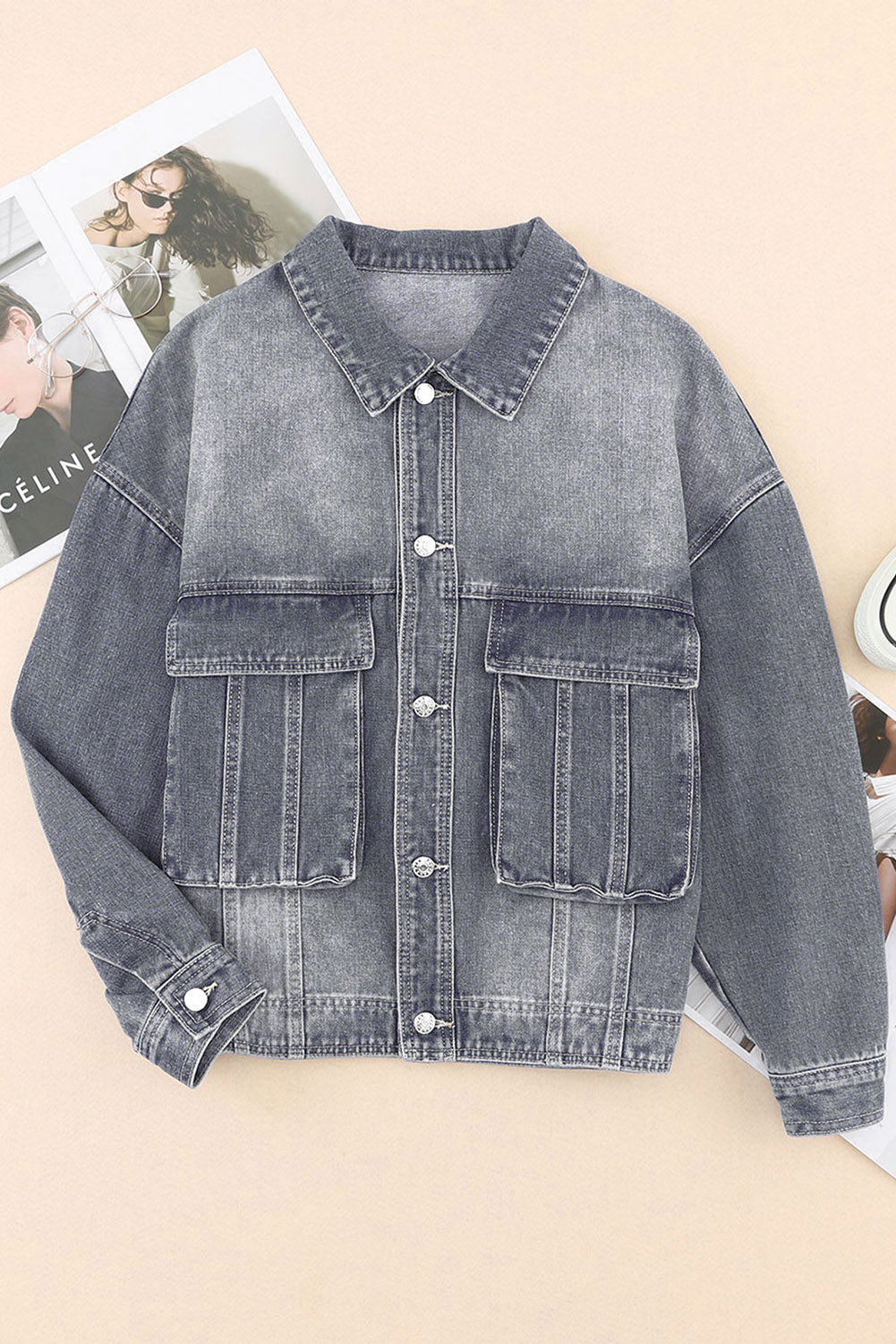 Button Up Dropped Shoulder Denim Jacket with Pockets - Babbazon Jacket