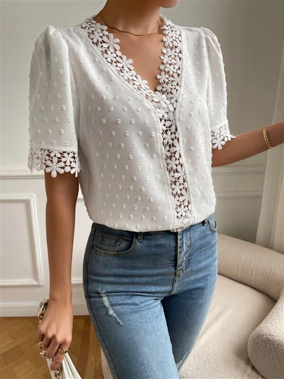 Swiss Dot V-Neck Short Sleeve Blouse 