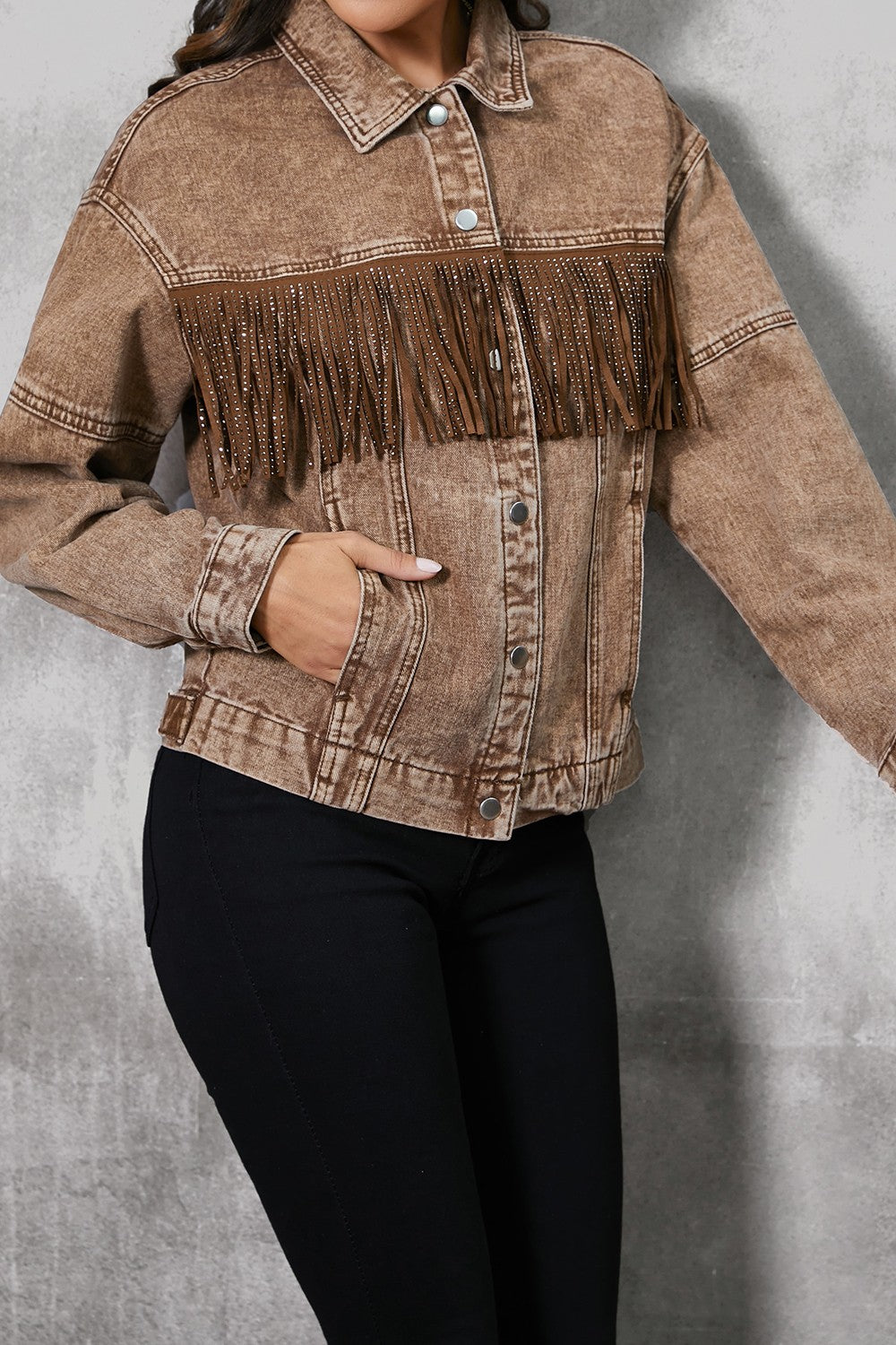 Fringe Trim Snap Down Denim Jacket 