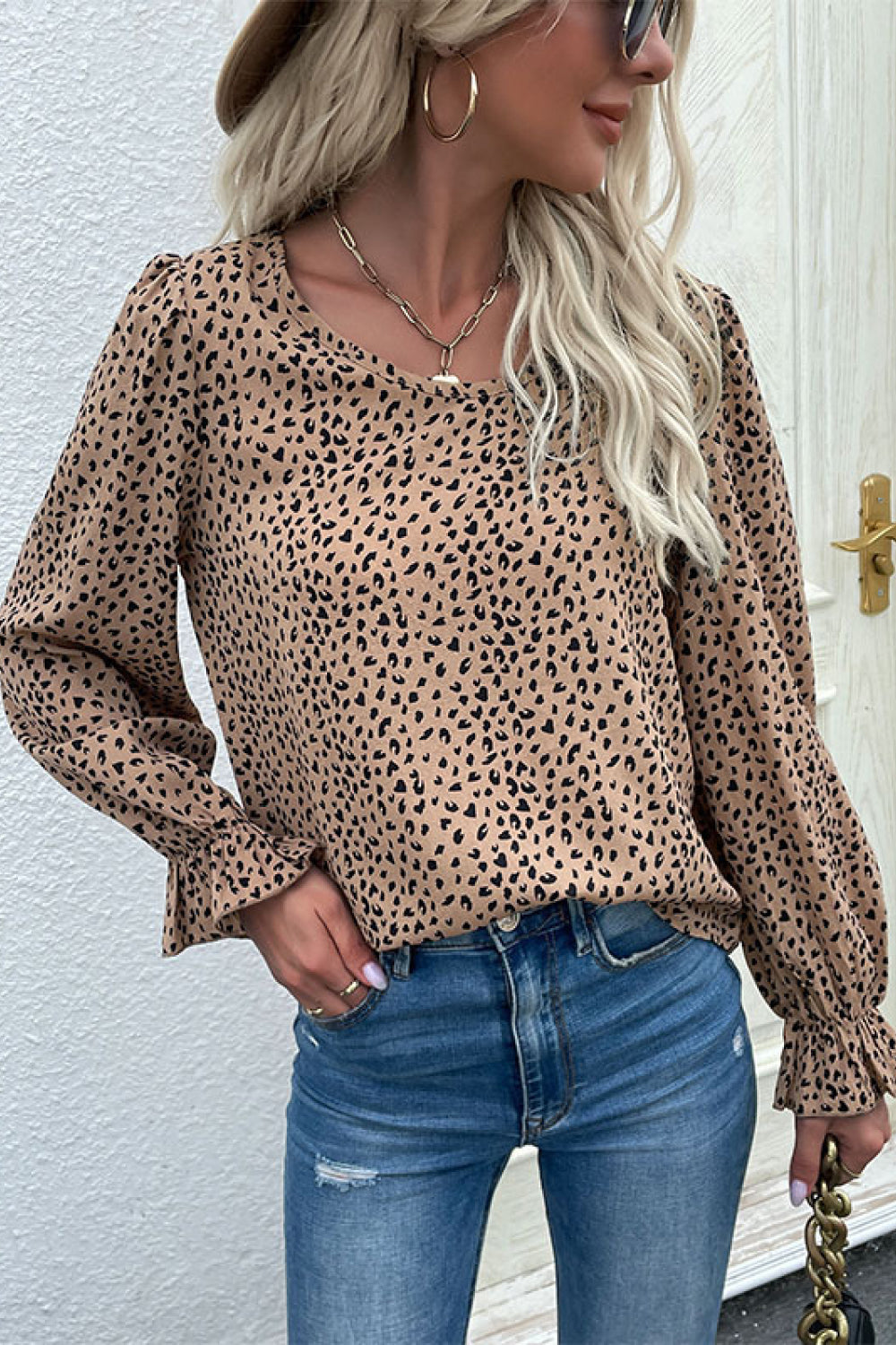 Leopard Flared Sleeve Round Neck Blouse 