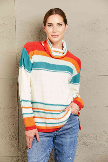 Woven Right Striped Turtleneck Drop Shoulder Sweater 