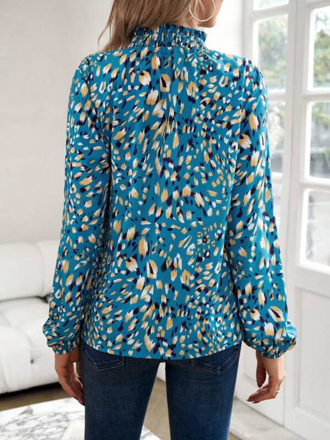 Cutout Printed Mock Neck Balloon Sleeve Blouse 