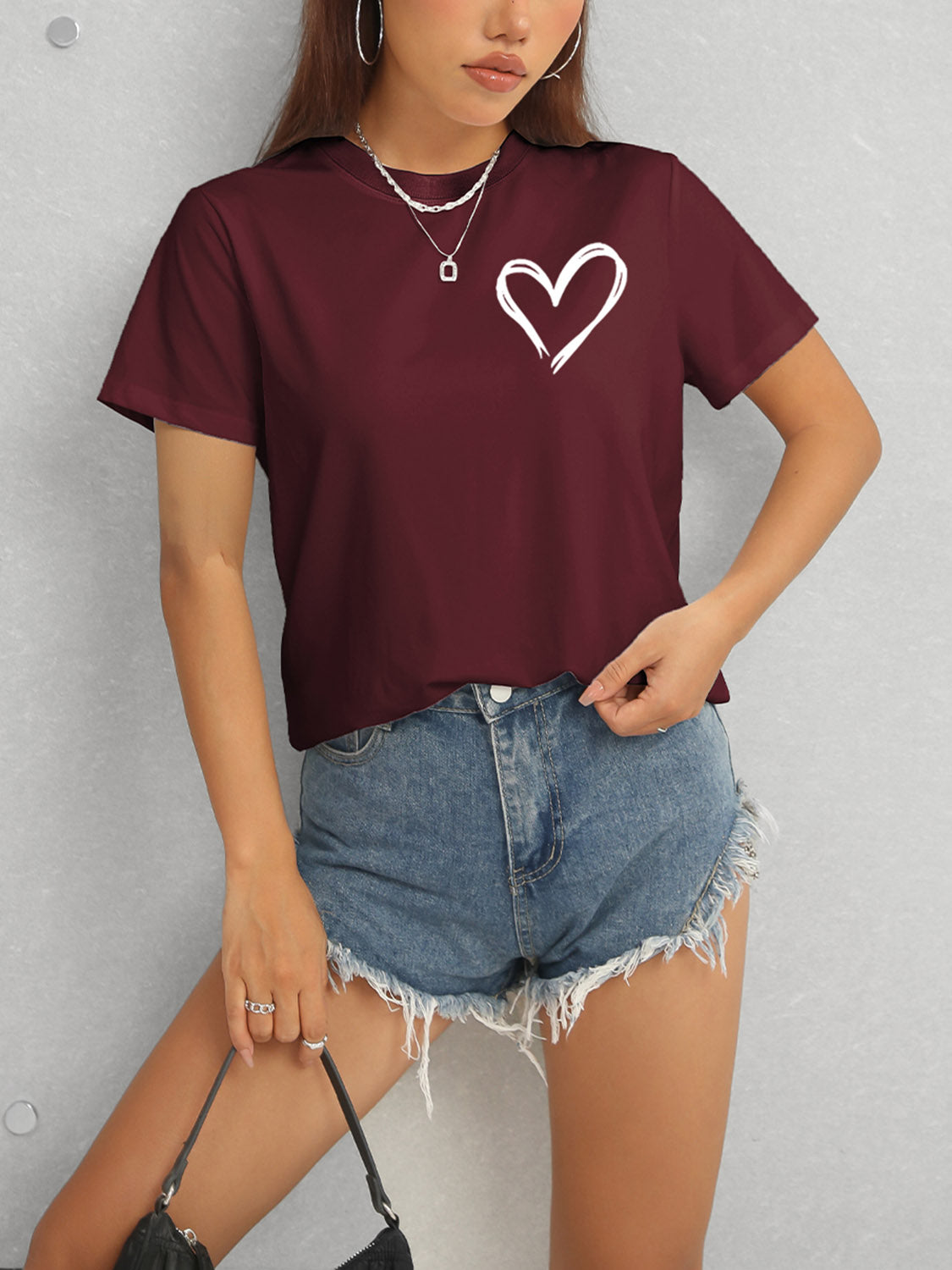 Heart Round Neck Short Sleeve T-Shirt 