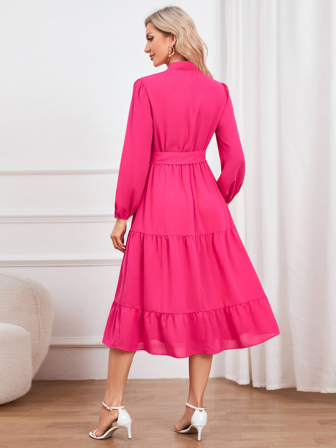 Tie Neck Long Sleeve Tiered Dress 