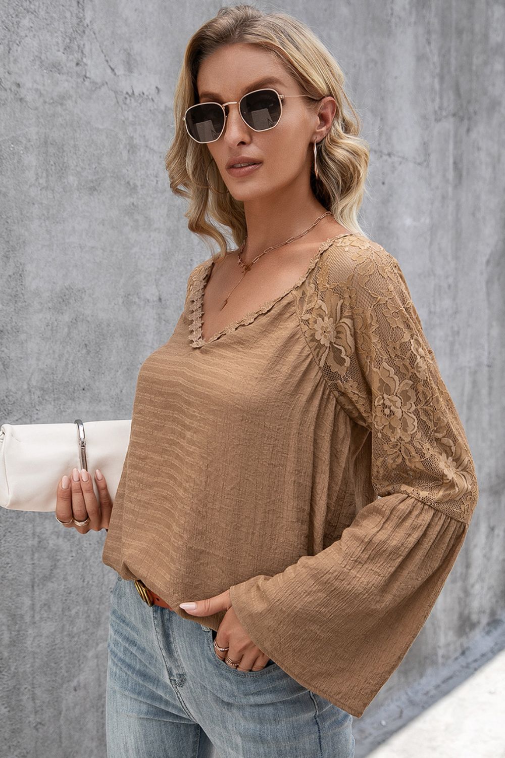 V-Neck Spliced Lace Flare Sleeve Top 