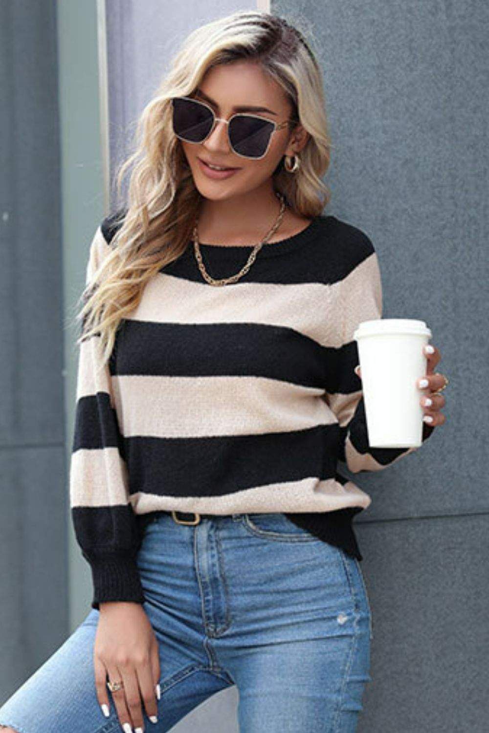 Horizontal Stripe Raglan Sleeve Sweater 