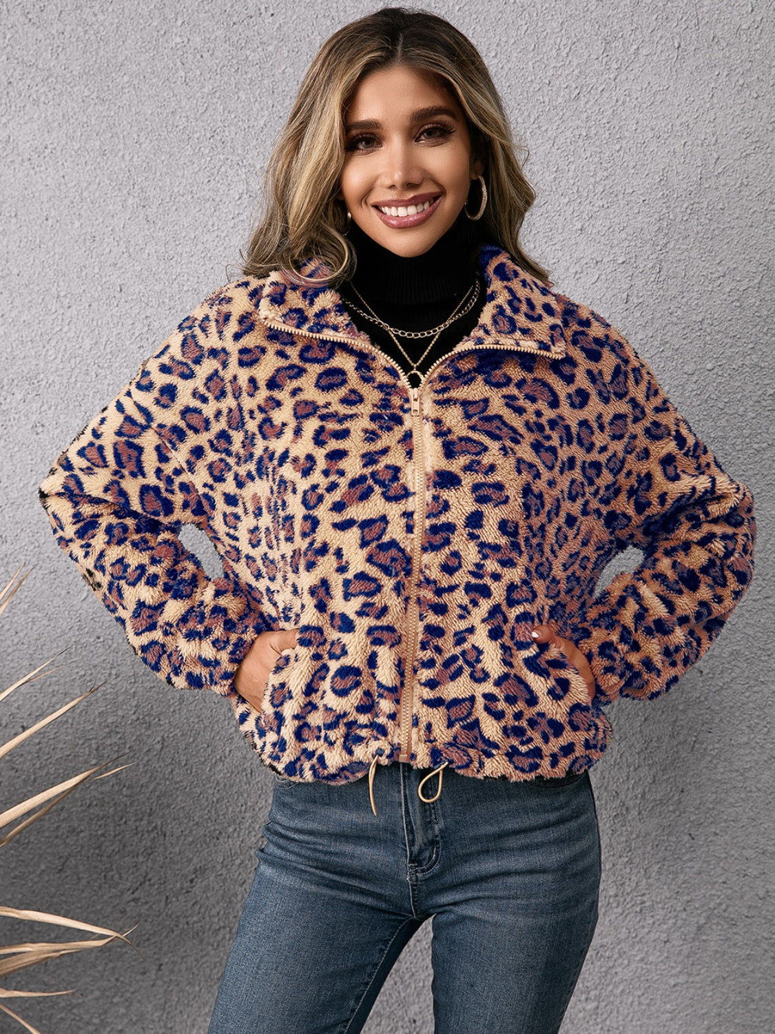 Drawstring Leopard Zip Up Jacket 