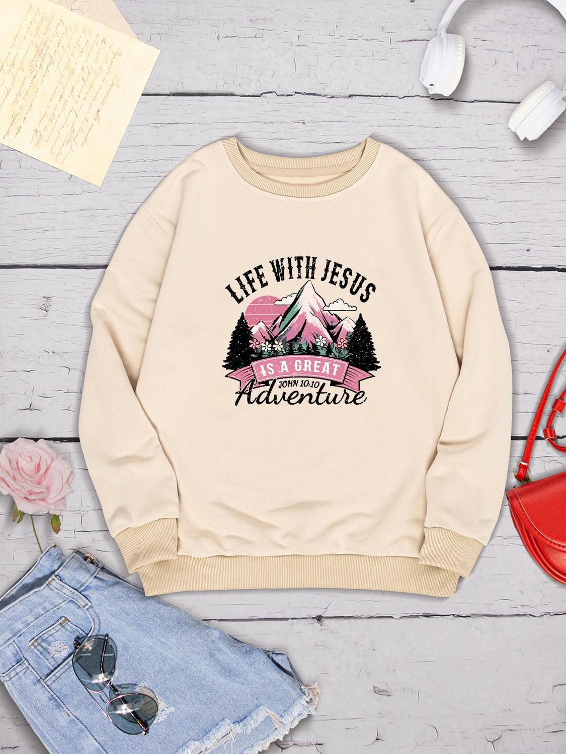 LIFE WITH JESUS IS A GREAT ADVENTURE Round Neck Sweatshirt 