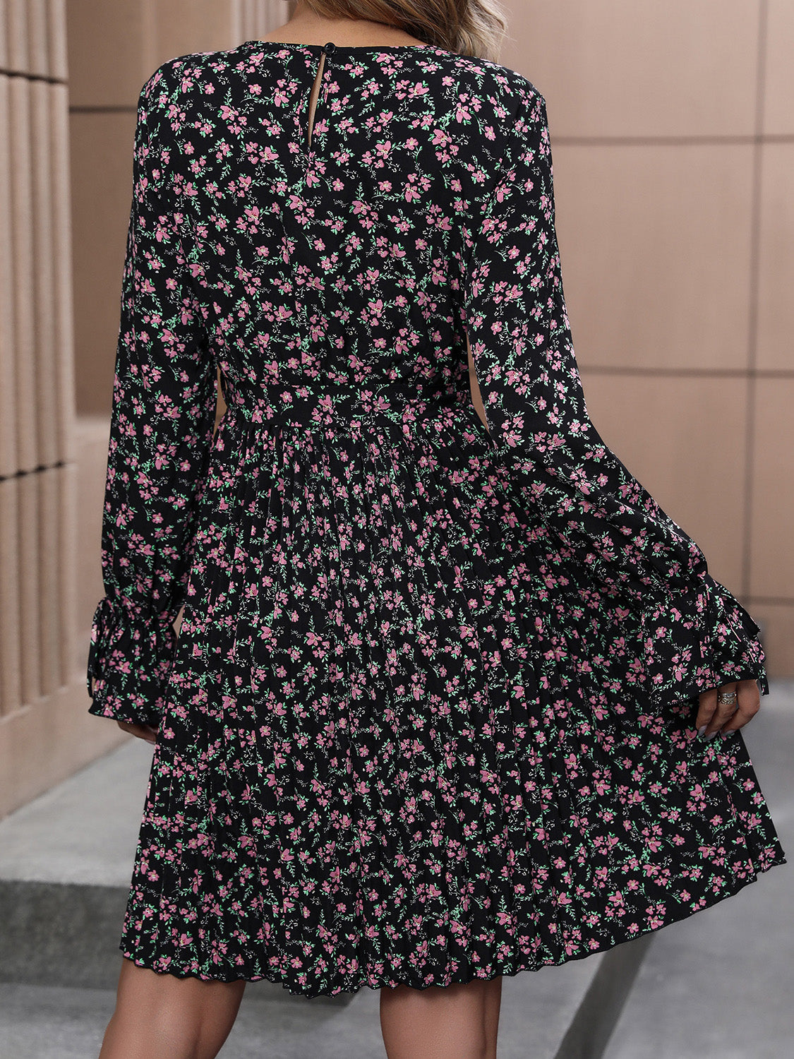 Floral Tie Front Long Sleeve Dress 