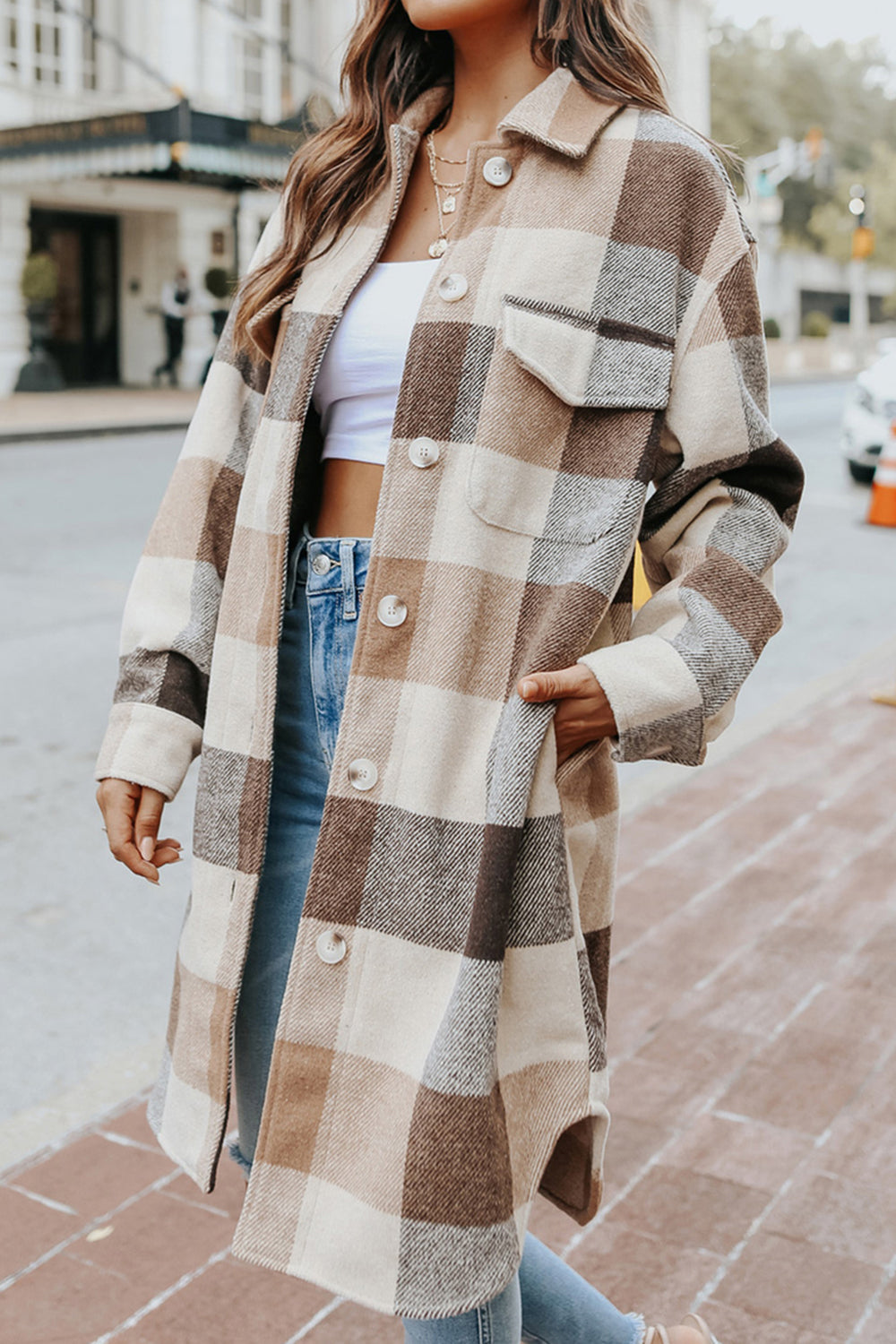 Plaid Button Up Dropped Shoulder Coat 