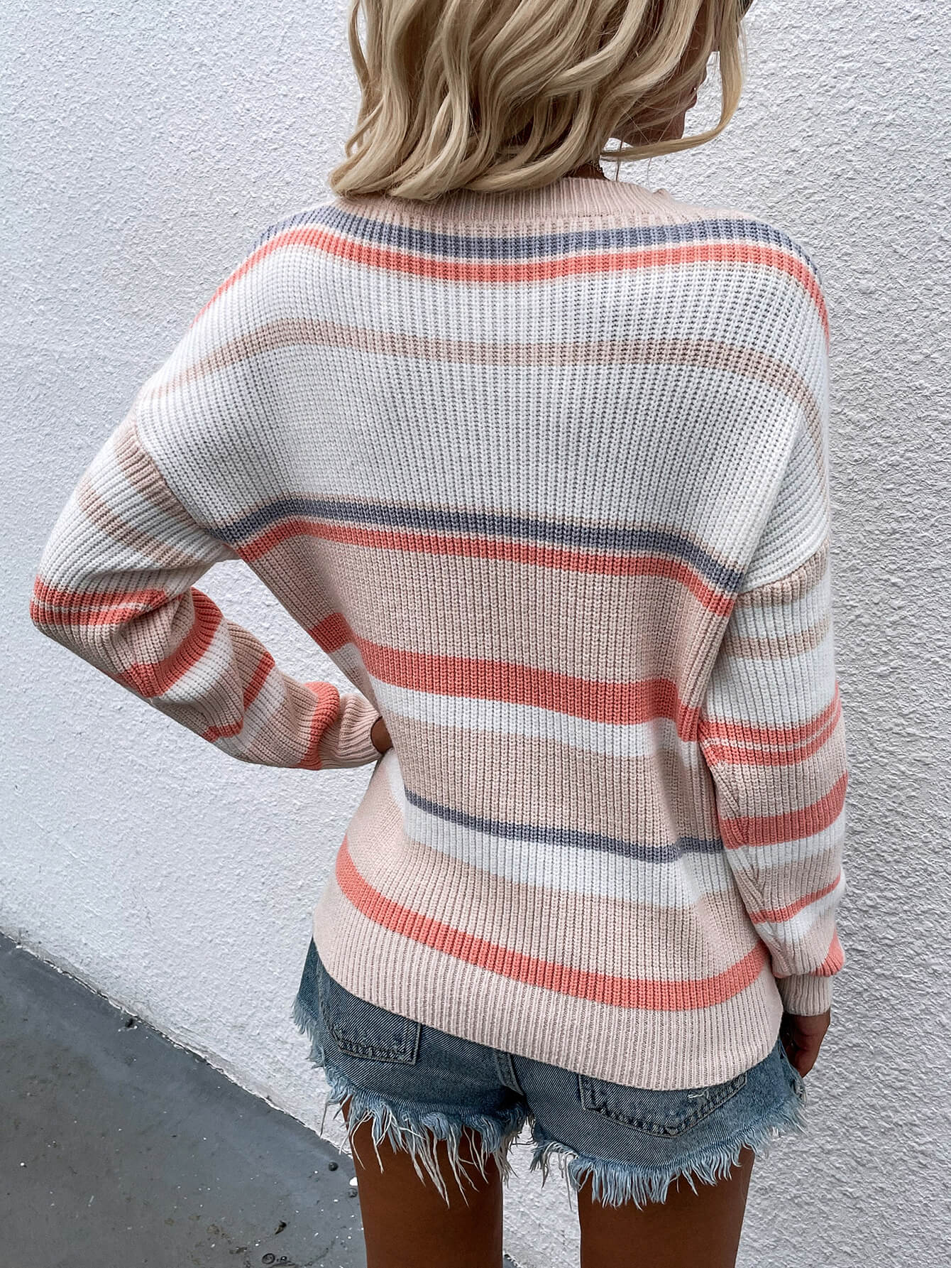 Striped Drop Shoulder Round Neck Pullover Sweater 