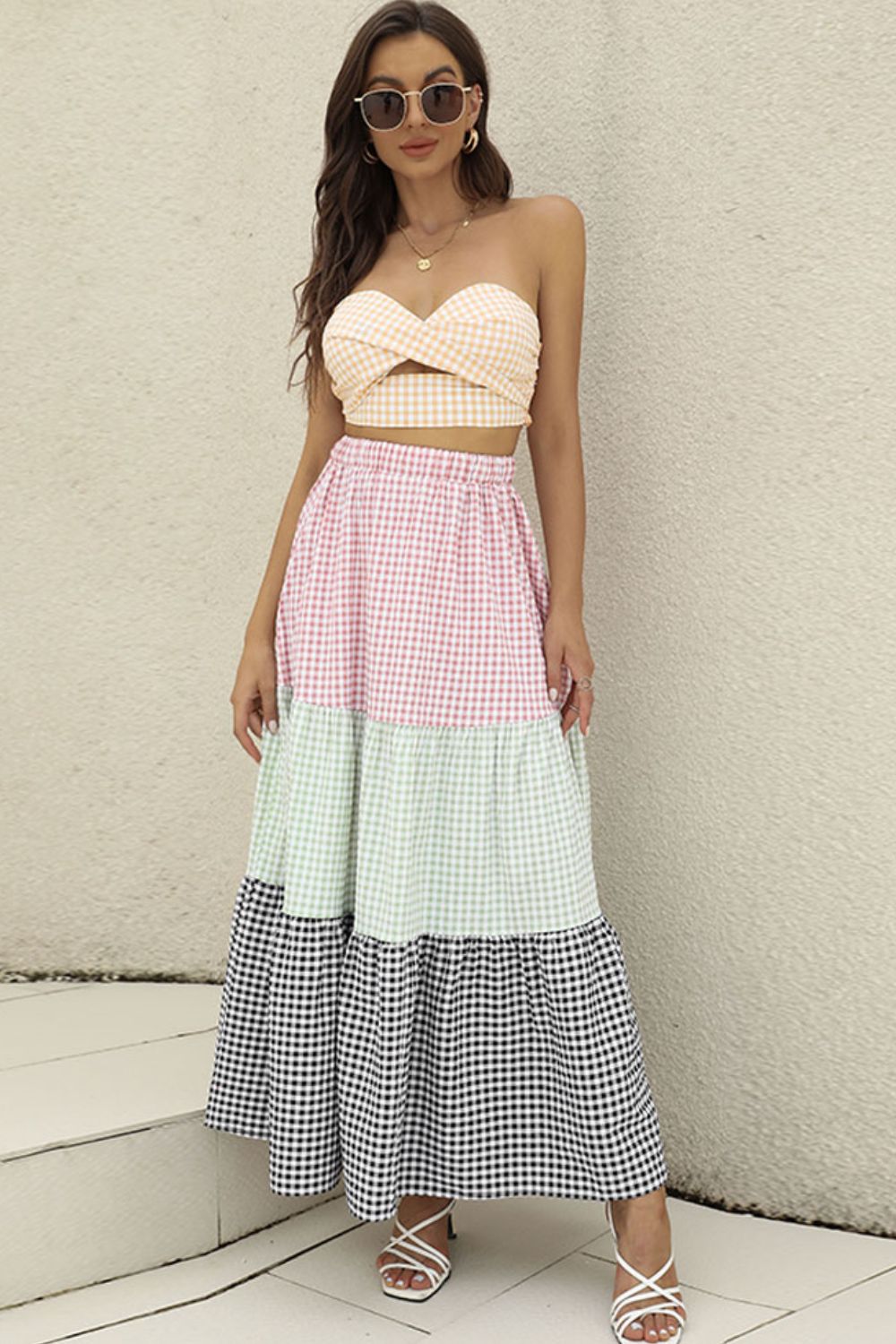 Plaid Strapless Top and Tiered Skirt Set 