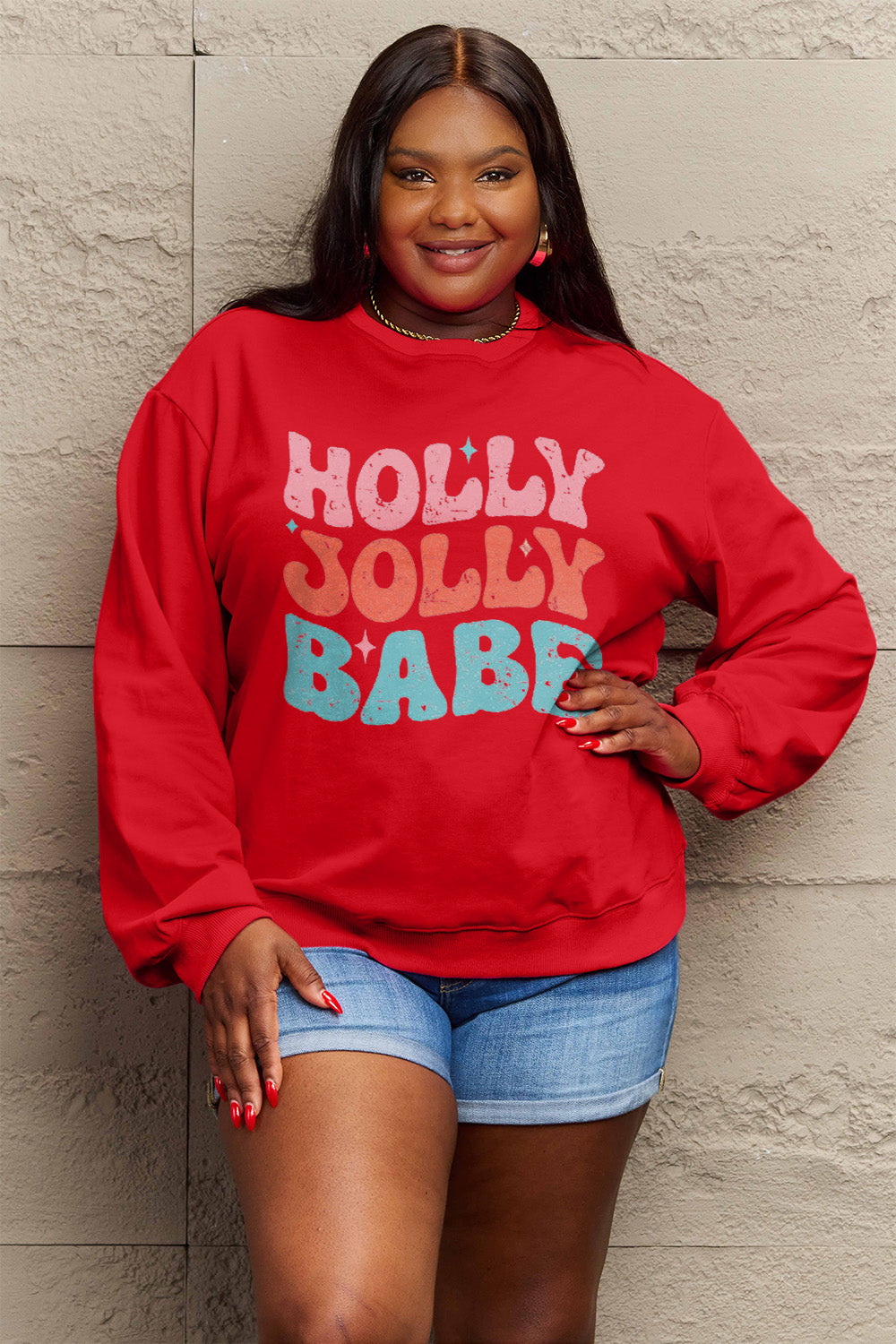 Simply Love Full Size HOLLY JOLLY BABE Long Sleeve Sweatshirt 