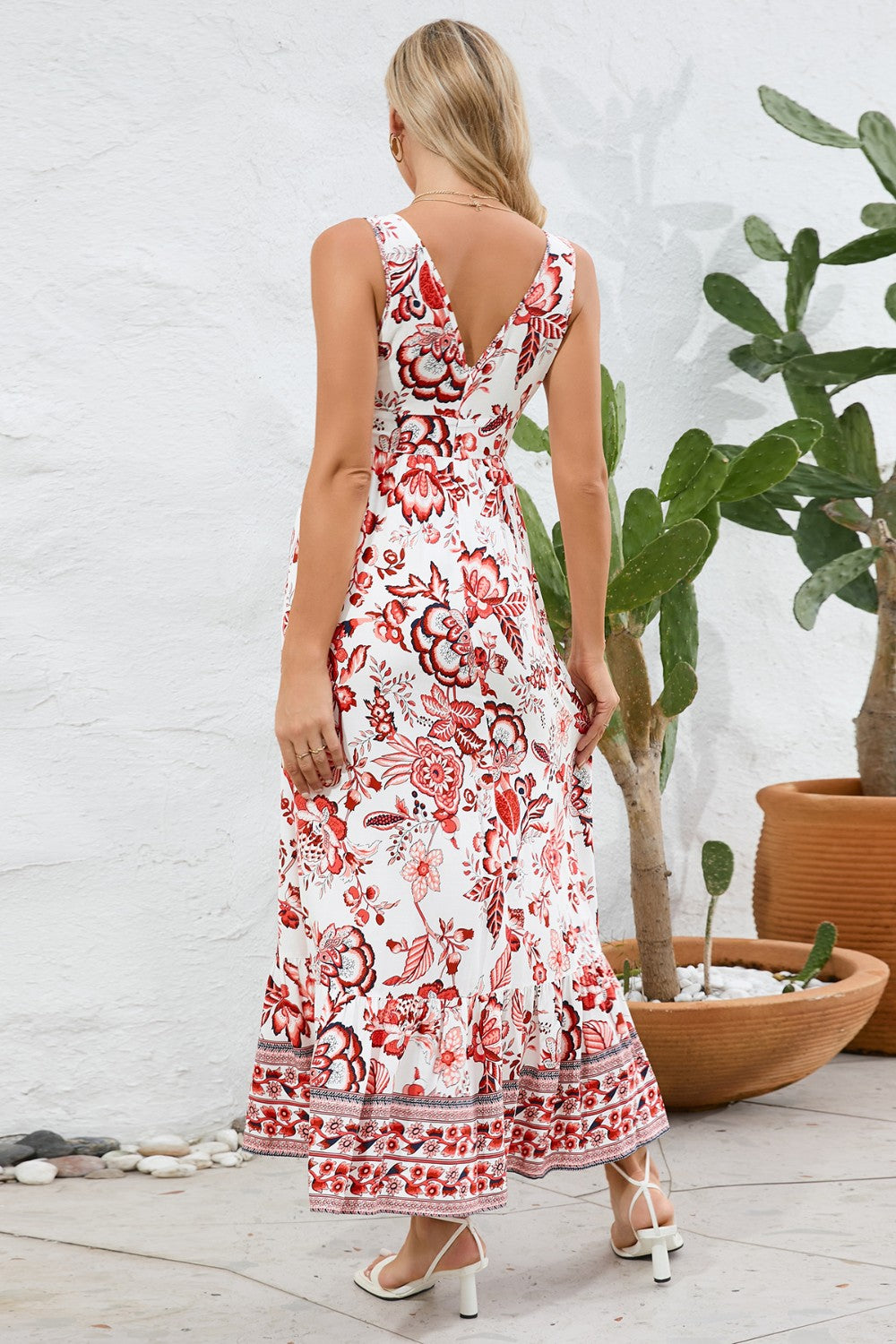 Printed V-Neck Wide Strap Dress 