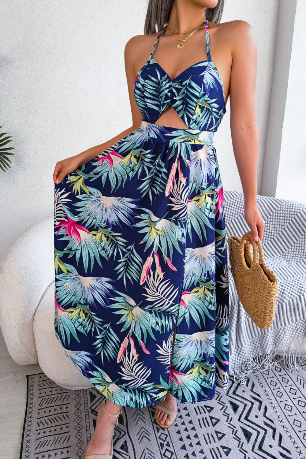 Botanical Print Tied Backless Cutout Slit Dress 