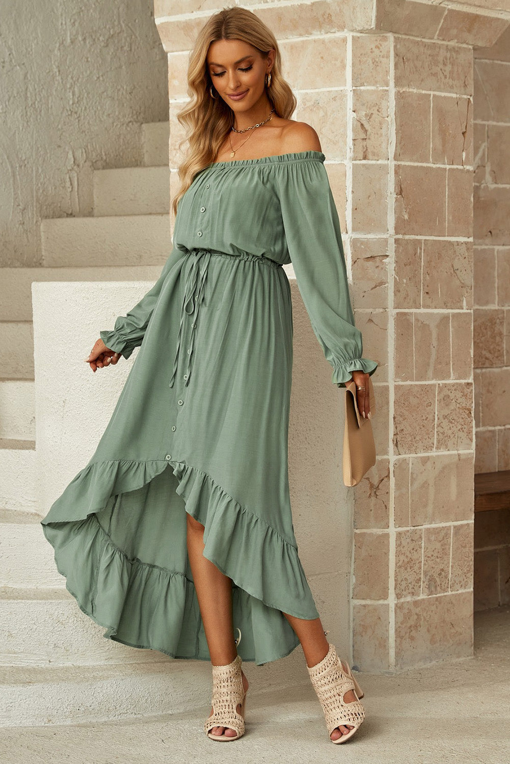 Drawstring Off-Shoulder Flounce Sleeve Dress 