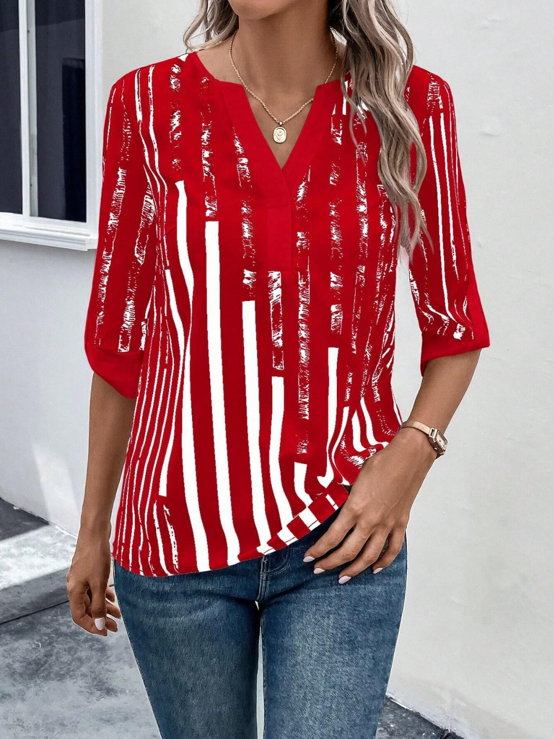 Striped Notched Half Sleeve Blouse 