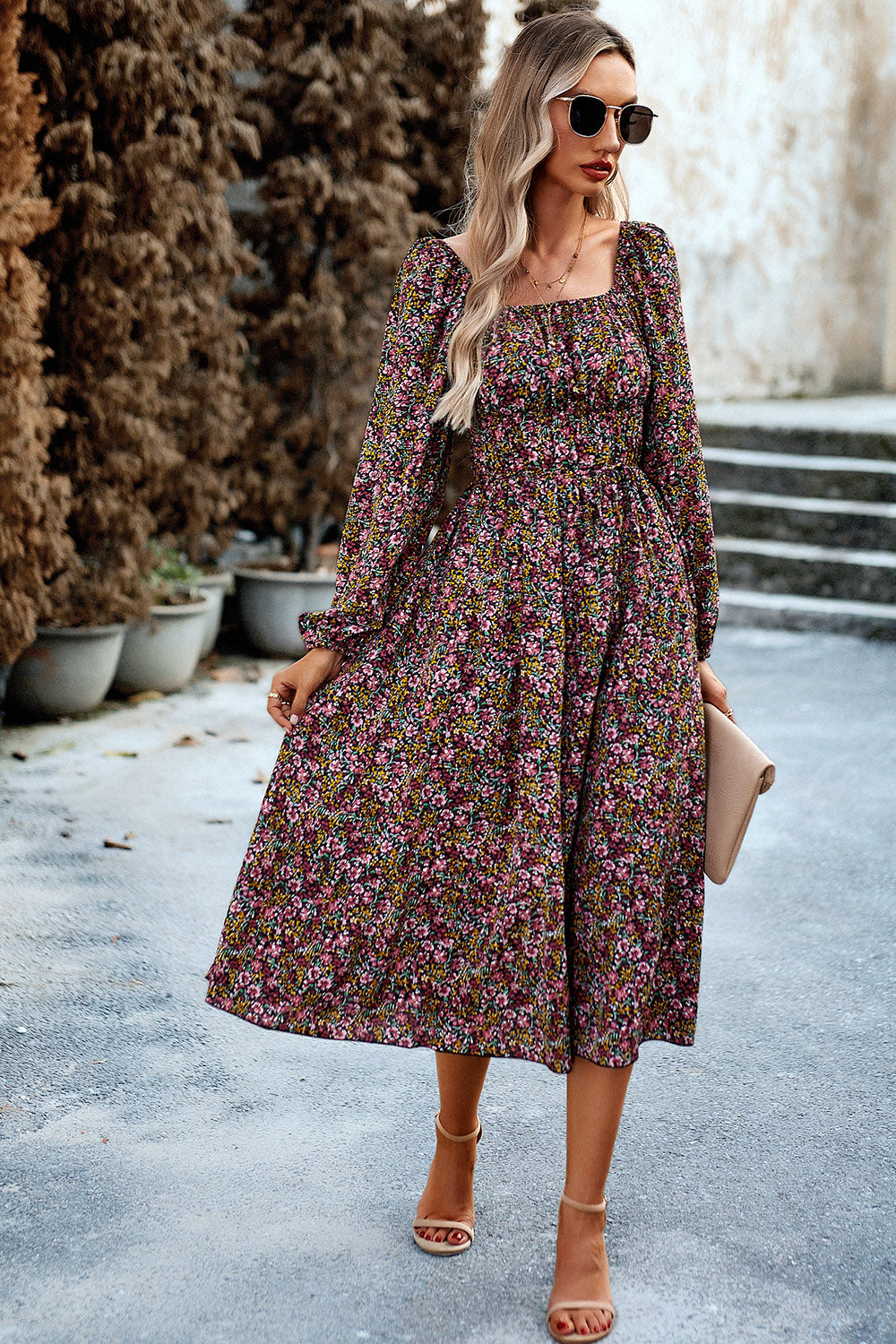 Printed Balloon Sleeve Midi Dress 