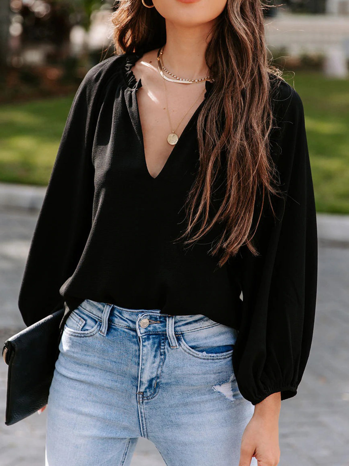 Notched Neck Long Sleeve Blouse 