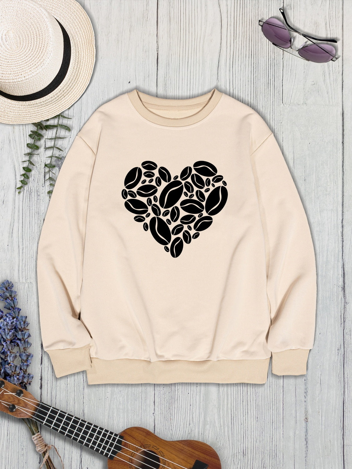 Heart Round Neck Dropped Shoulder Sweatshirt