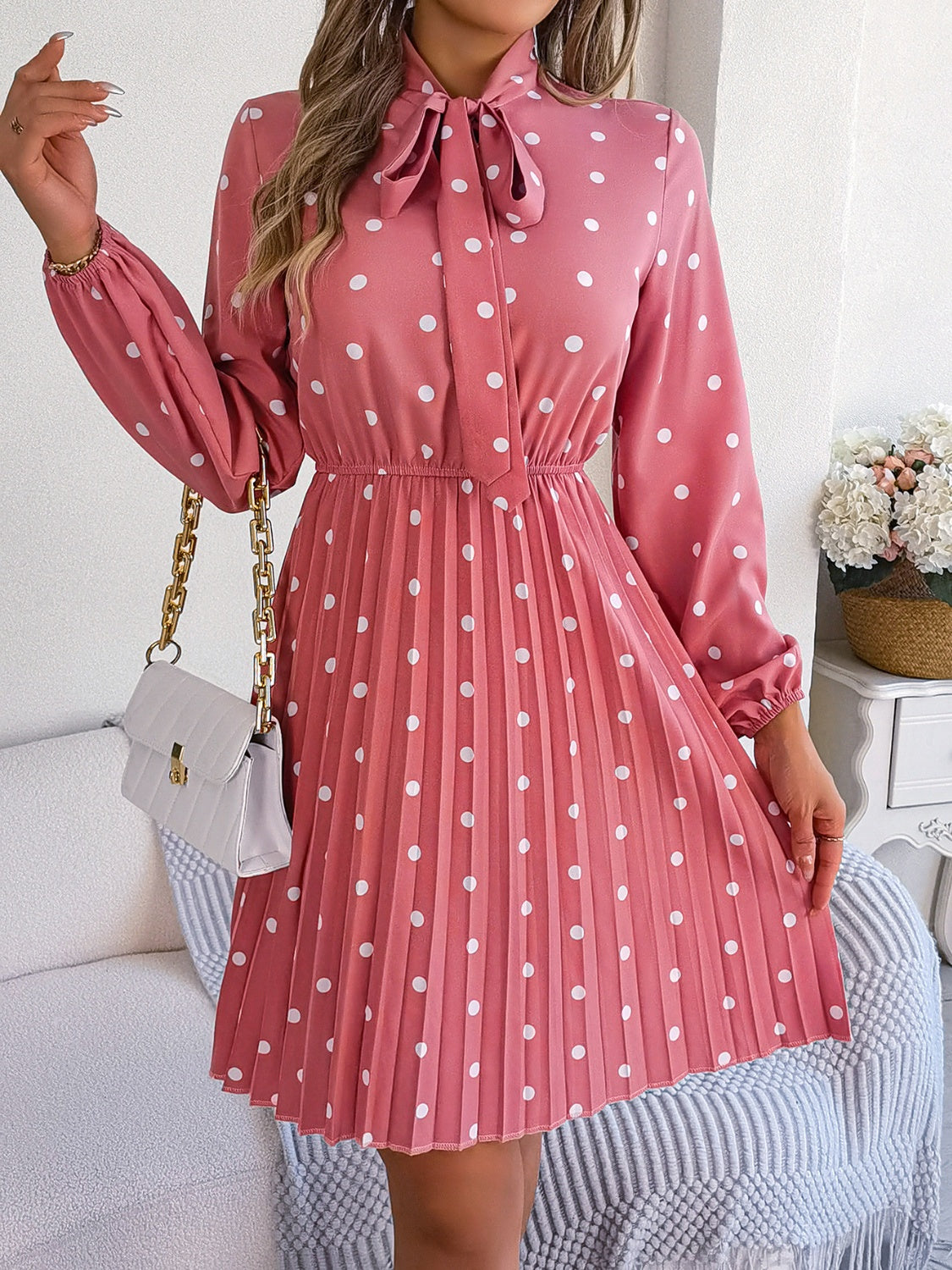 Polka Dot Tie Neck Pleated Dress 