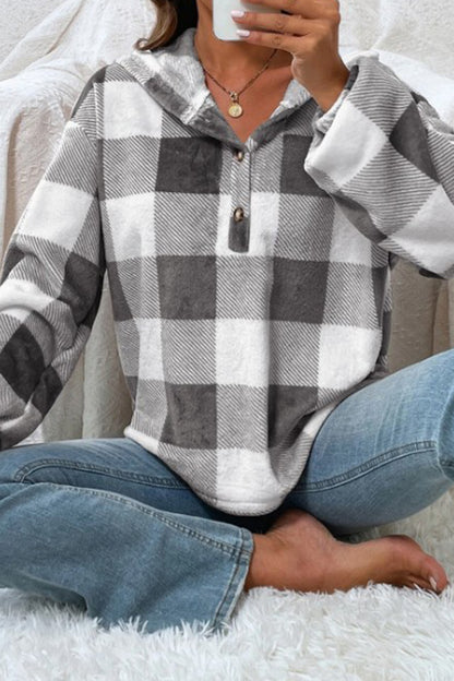 Plaid Quarter Button Dropped Shoulder Hoodie