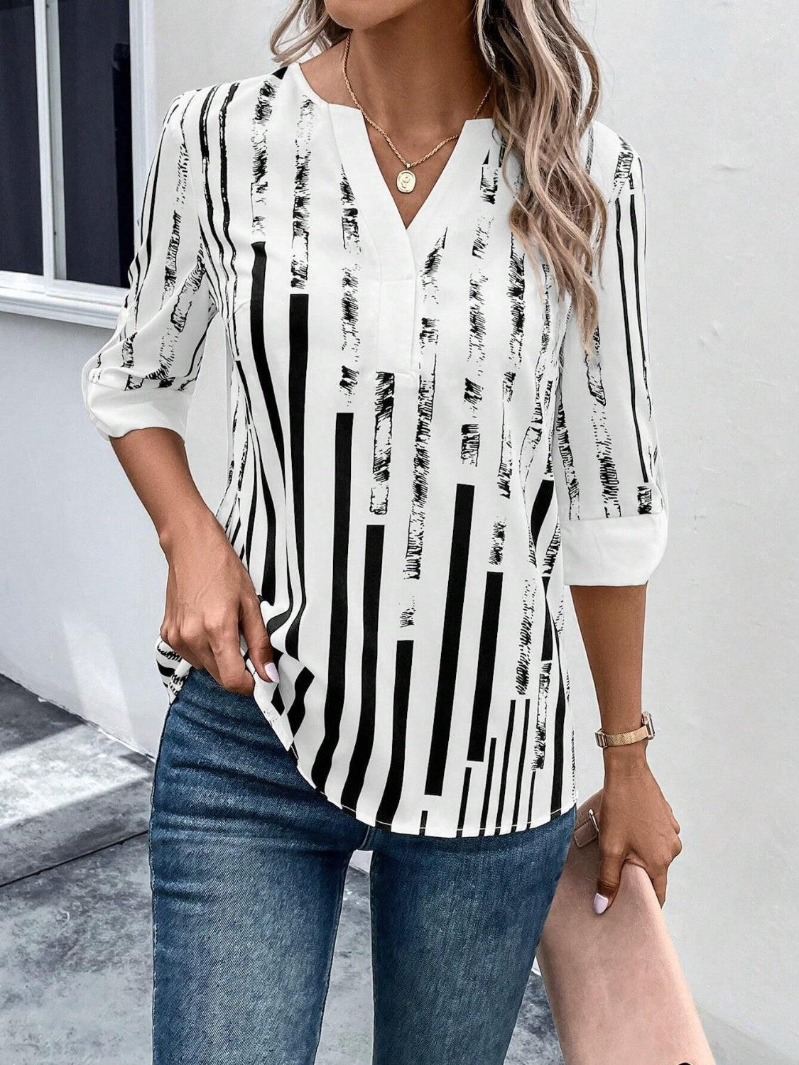 Striped Notched Half Sleeve Blouse 