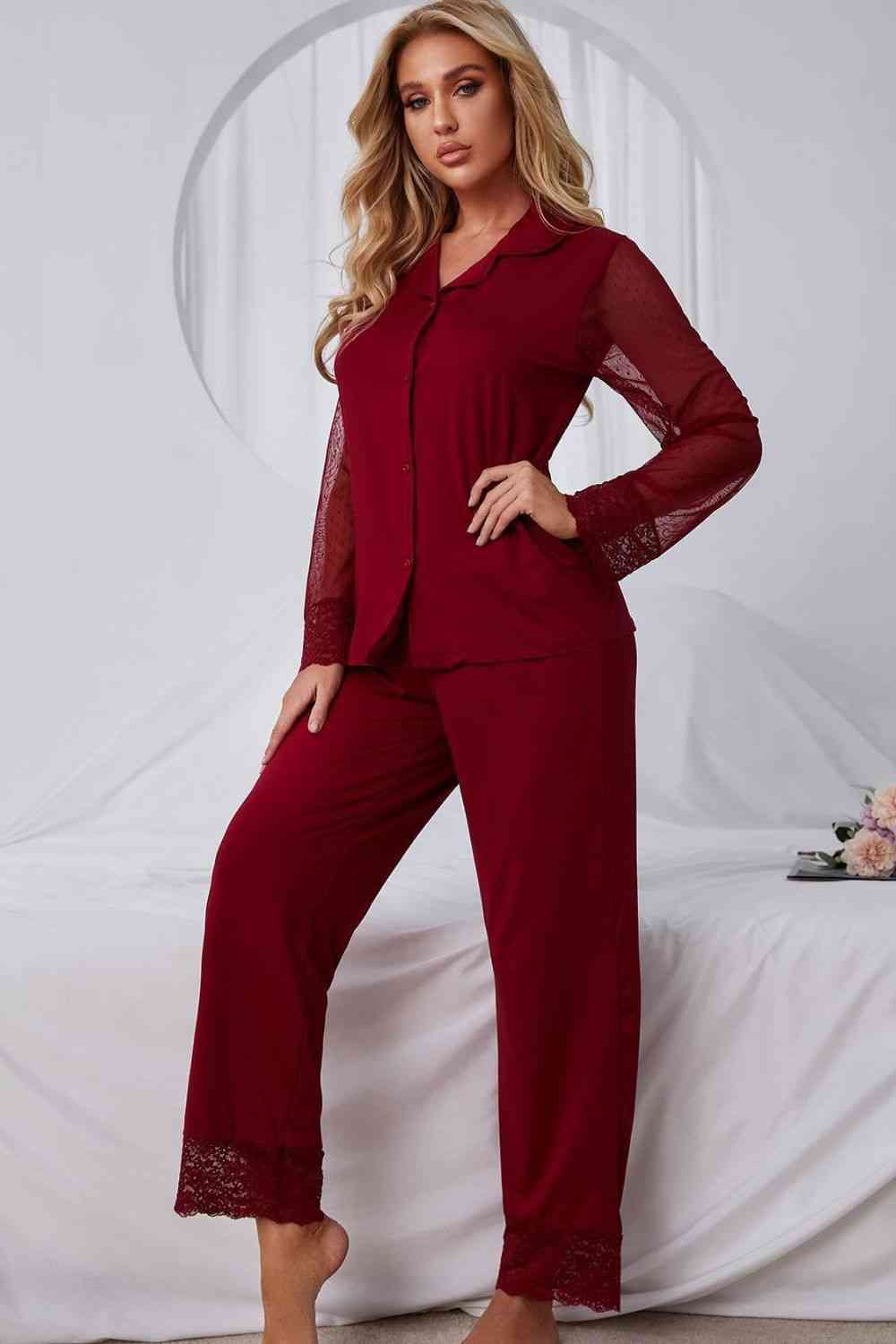 Spliced Lace Lapel Collar Pajama Set 