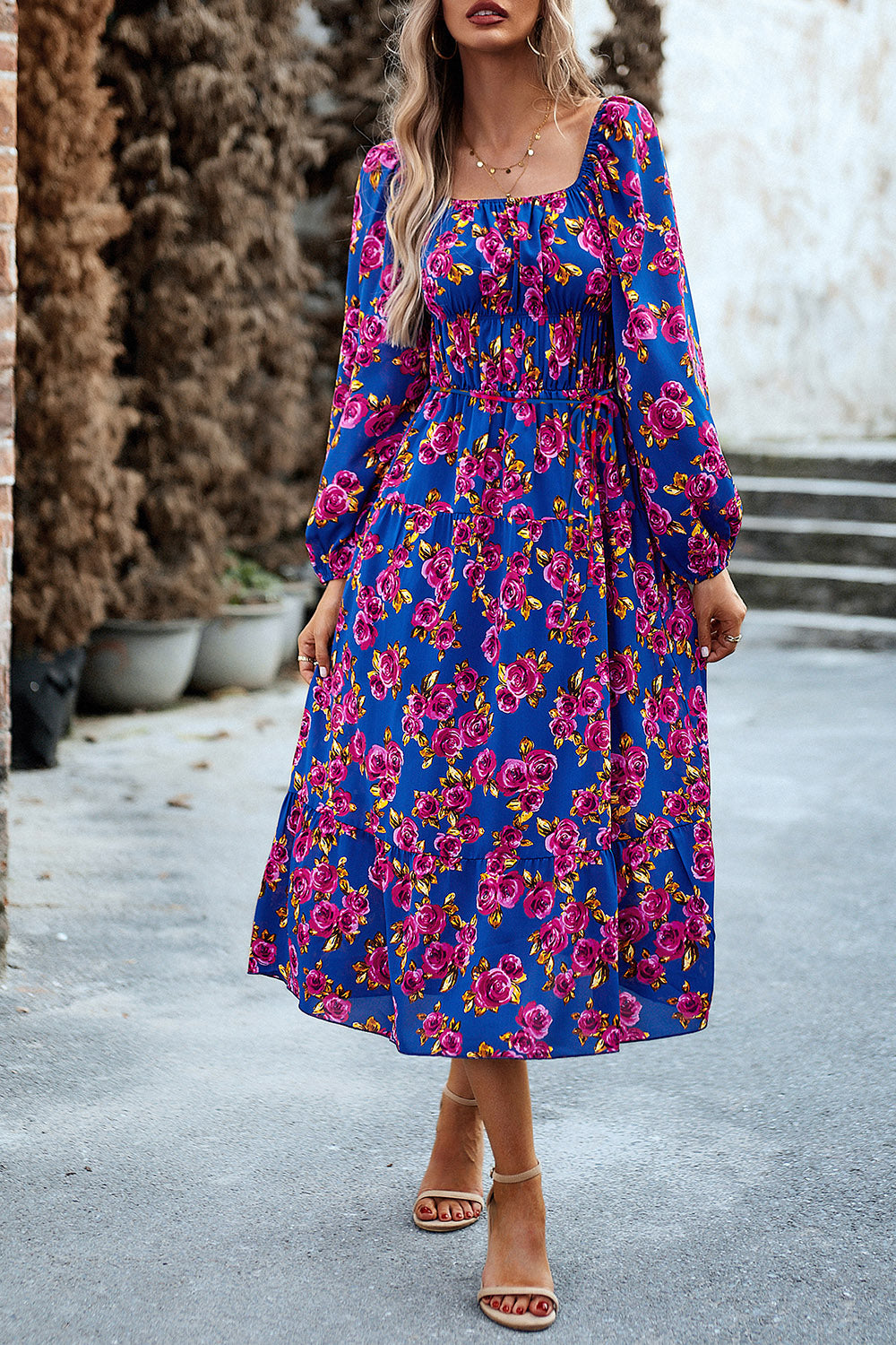 Printed Balloon Sleeve Midi Dress