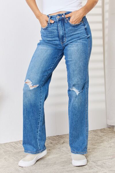 Judy Blue Full Size High Waist Distressed Straight-Leg Jeans 