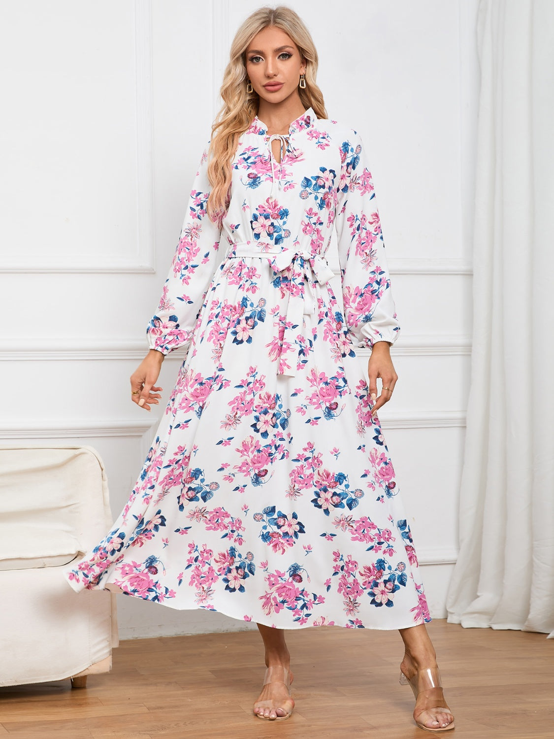 Floral Tie Front Balloon Sleeve Dress 