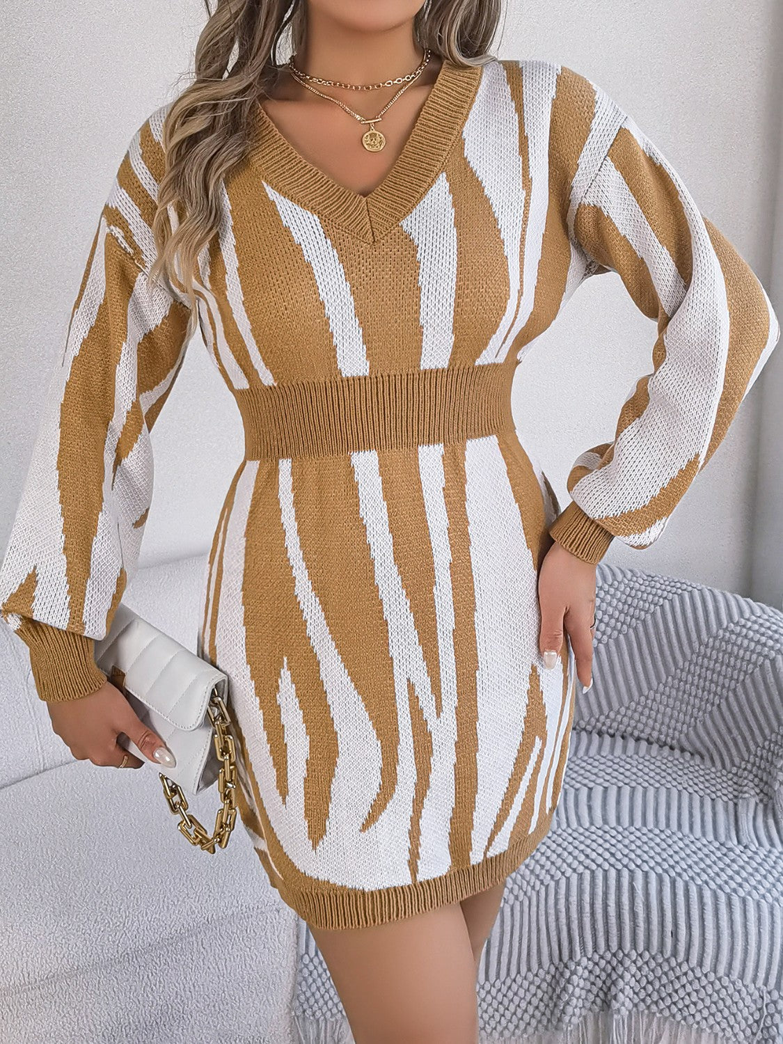 Animal Print V-Neck Long Sleeve Sweater Dress 