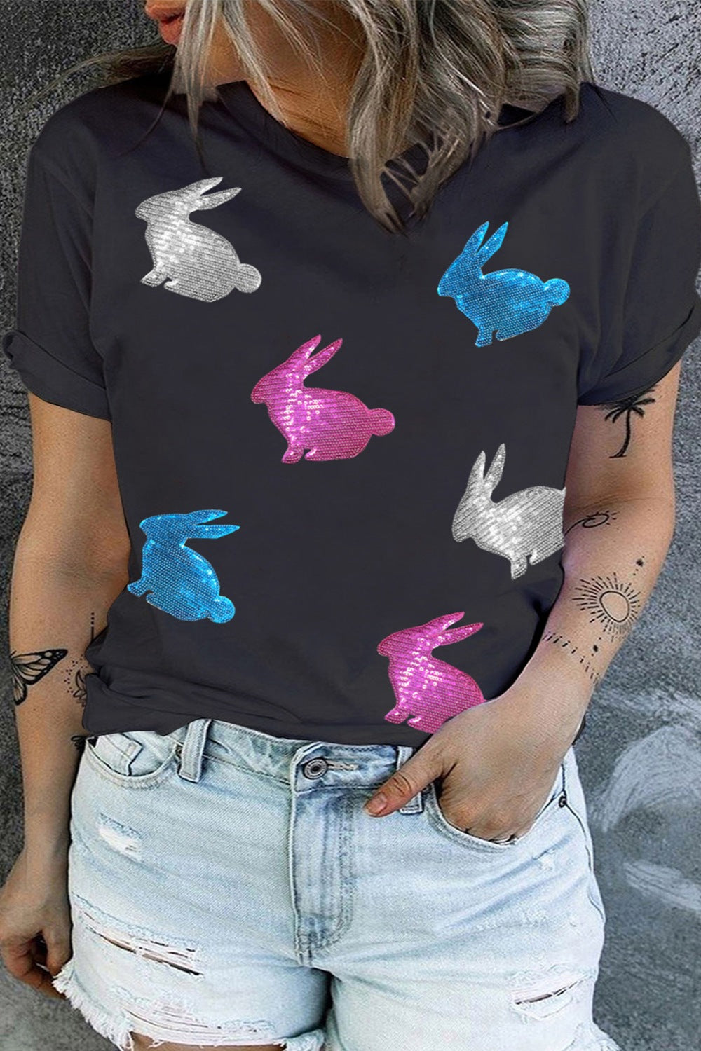 Plus Size Rabbit Round Neck Short Sleeve T-Shirt 