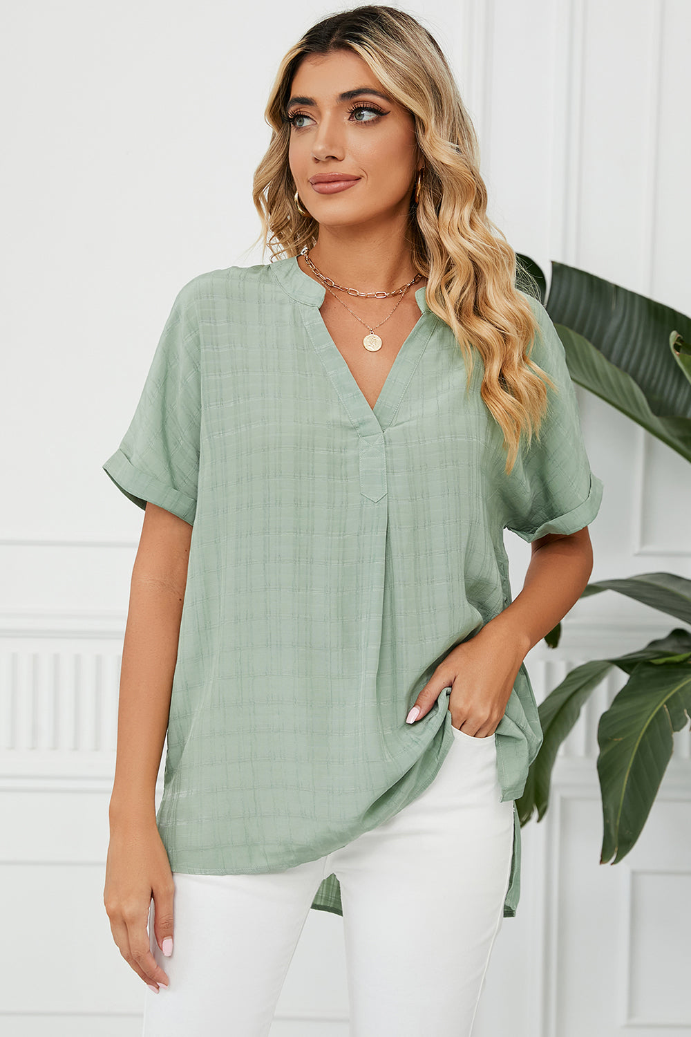 Ruched Notched Short Sleeve Blouse - Babbazon Camisole