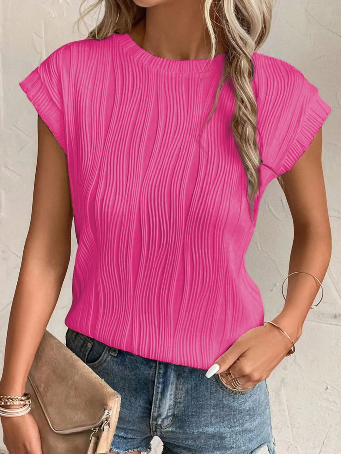 Textured Round Neck Cap Sleeve T-Shirt - Babbazon Tops