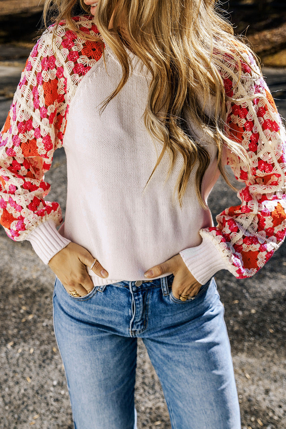 Flower Element Openwork Round Neck Sweater 