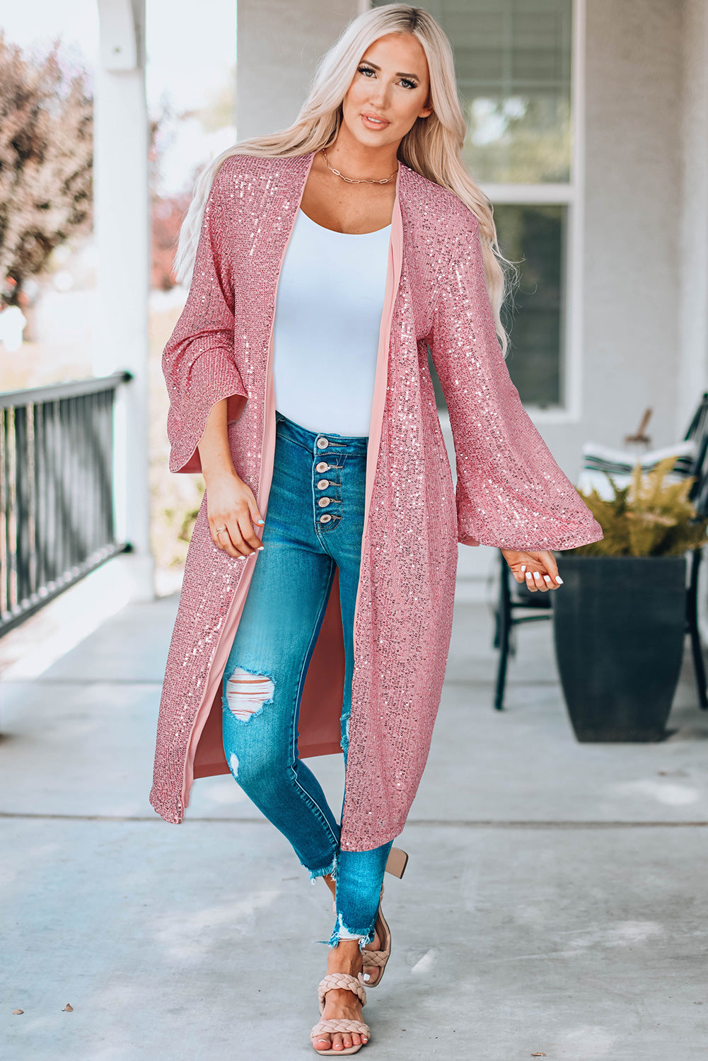 Sequin Open Front Duster Cardigan 