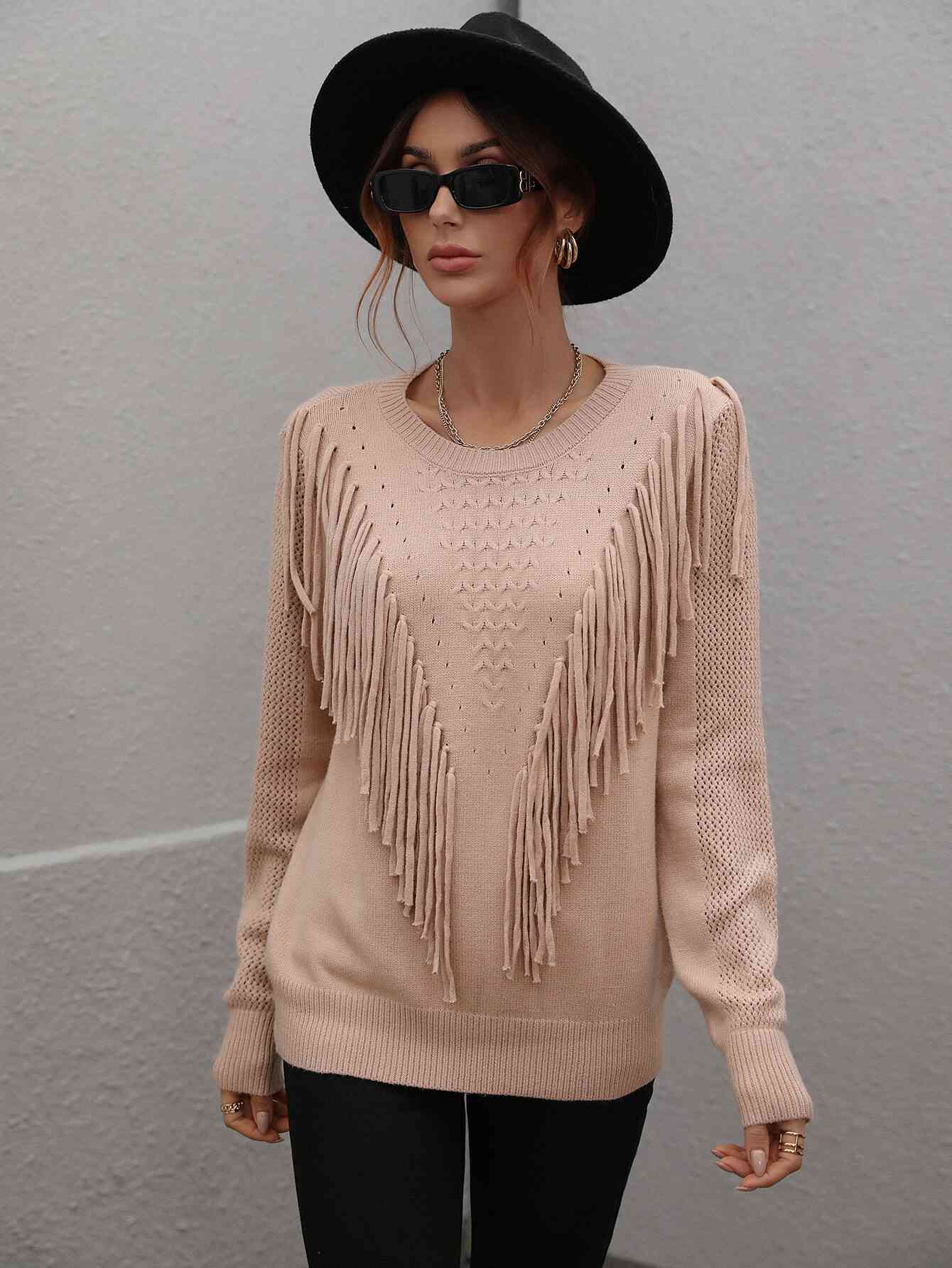 Double Take Fringe Detail Ribbed Trim Sweater