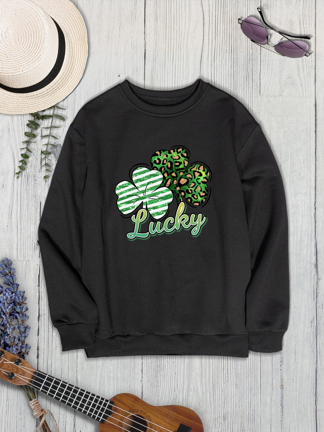 Lucky Clover Round Neck Dropped Shoulder Sweatshirt 