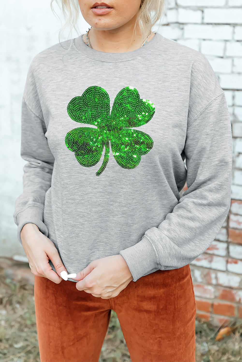 Lucky Clover Sequin Round Neck Sweatshirt 