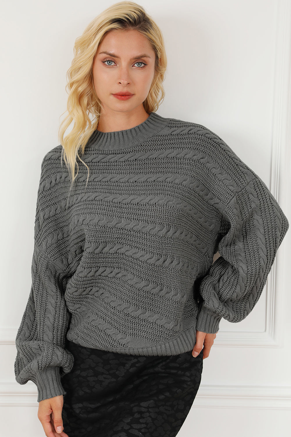 Cable-Knit Mock Neck Dropped Shoulder Sweater 